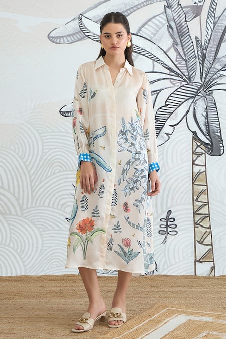 Shivani Bhargava Ivory Silk Satin Collared Jungle Shirt Dress