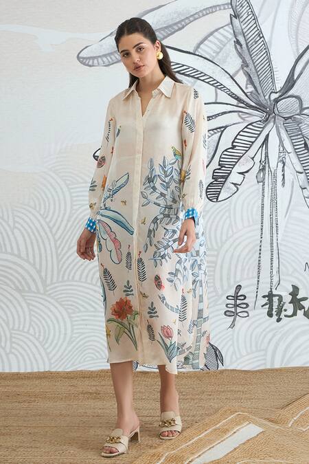 Buy Shivani Bhargava Ivory Silk Satin Collared Jungle Shirt Dress Online at Aza Fashions Buy_Shivani Bhargava_Ivory Silk Satin Collared Jungle Shirt Dress _Online_at_Aza_Fashions