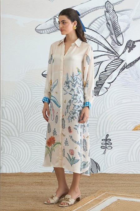 Shop Shivani Bhargava Ivory Silk Satin Collared Jungle Shirt Dress Online at Aza Fashions Shop_Shivani Bhargava_Ivory Silk Satin Collared Jungle Shirt Dress _Online_at_Aza_Fashions