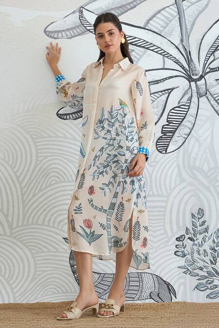 Shivani Bhargava Ivory Silk Satin Collared Jungle Shirt Dress at Aza Fashions Shivani Bhargava_Ivory Silk Satin Collared Jungle Shirt Dress _at_Aza_Fashions