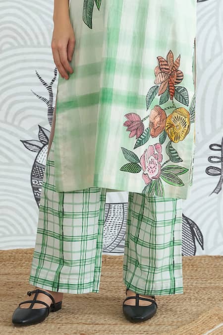 Buy_Shivani Bhargava_Green Cotton Embroidery Round Neck Check Flower Placement Kurta Set _Online_at_Aza_Fashions