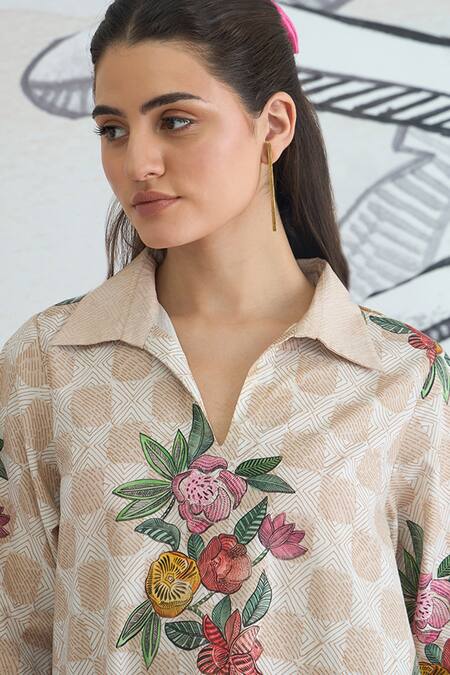 Shop Shivani Bhargava Beige Cotton Collared Check Flower Box Pleat Kurta And Pant Online at Aza Fashions Shop_Shivani Bhargava_Beige Cotton Collared Check Flower Box Pleat Kurta And Pant _Online_at_Aza_Fashions