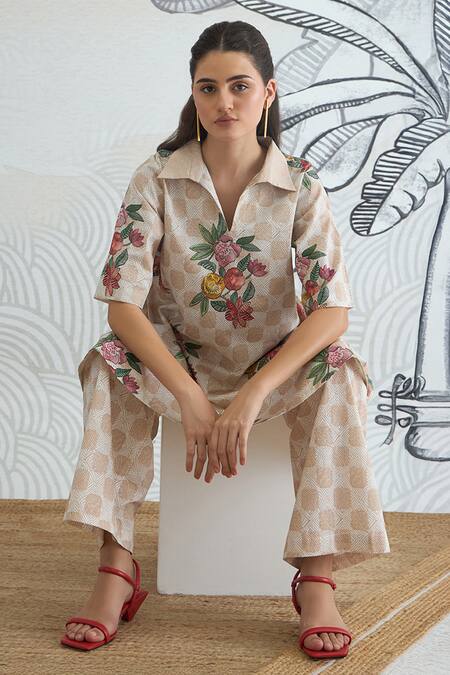 Shivani Bhargava Beige Cotton Collared Check Flower Box Pleat Kurta And Pant at Aza Fashions Shivani Bhargava_Beige Cotton Collared Check Flower Box Pleat Kurta And Pant _at_Aza_Fashions