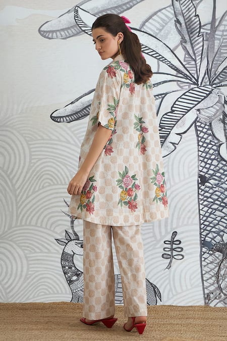 Shop Shivani Bhargava Beige Cotton Collared Check Flower Box Pleat Kurta And Pant at Aza Fashions Shop_Shivani Bhargava_Beige Cotton Collared Check Flower Box Pleat Kurta And Pant _at_Aza_Fashions