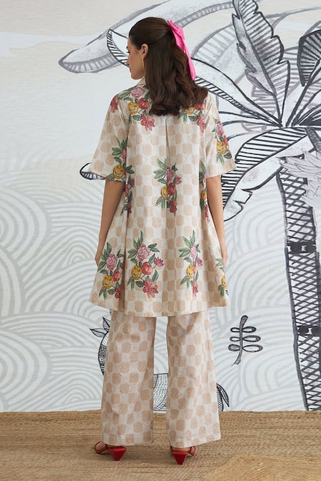 Shop_Shivani Bhargava_Beige Cotton Collared Check Flower Box Pleat Dress _at_Aza_Fashions