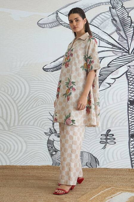 Shivani Bhargava_Beige Cotton Collared Check Flower Box Pleat Dress _Online_at_Aza_Fashions