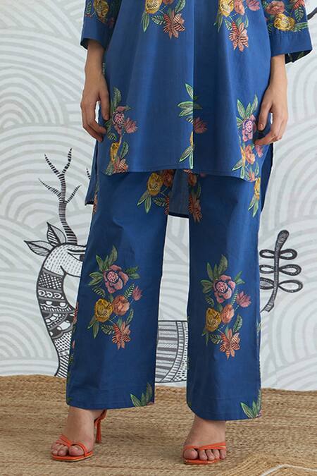 Buy_Shivani Bhargava_Blue Cotton Round Neck Flower Kimono Tunic And Pant Set _Online_at_Aza_Fashions