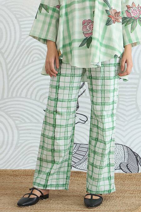 Buy_Shivani Bhargava_Green Cotton Embroidery Mandarin Collar Check Flower Tunic And Pant Set _Online_at_Aza_Fashions