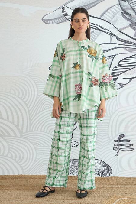 Shop_Shivani Bhargava_Green Cotton Embroidery Mandarin Collar Check Flower Tunic And Pant Set _Online_at_Aza_Fashions