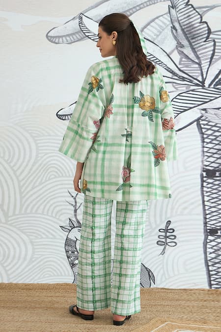 Shop_Shivani Bhargava_Green Cotton Embroidery Round Neck Check Flower Namah Tunic _at_Aza_Fashions