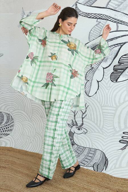 Shop_Shivani Bhargava_Green Cotton Embroidery Round Neck Check Flower Namah Tunic _Online_at_Aza_Fashions