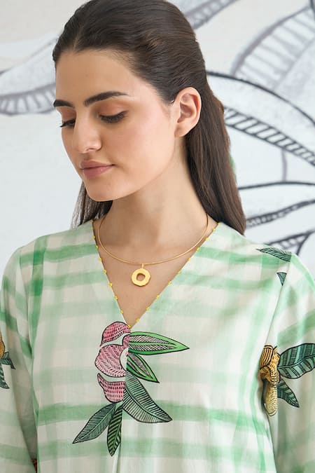 Shivani Bhargava Green Cotton V-neck Check Long Dress Online at Aza Fashions Shivani Bhargava_Green Cotton V-neck Check Long Dress _Online_at_Aza_Fashions