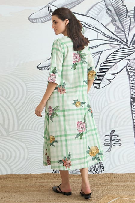 Shop Shivani Bhargava Green Cotton V-neck Check Long Dress at Aza Fashions Shop_Shivani Bhargava_Green Cotton V-neck Check Long Dress _at_Aza_Fashions