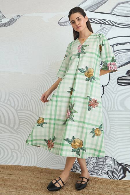 Buy Shivani Bhargava Green Cotton V-neck Check Long Dress Online at Aza Fashions Buy_Shivani Bhargava_Green Cotton V-neck Check Long Dress _Online_at_Aza_Fashions