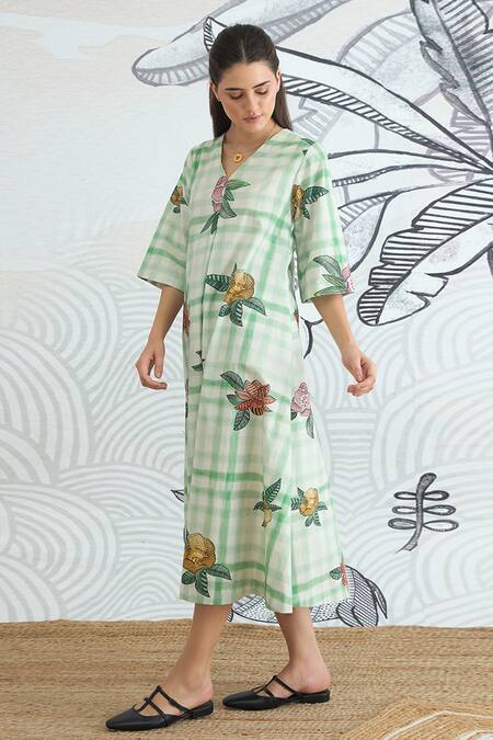 Shivani Bhargava Green Cotton V-neck Check Long Dress at Aza Fashions Shivani Bhargava_Green Cotton V-neck Check Long Dress _at_Aza_Fashions