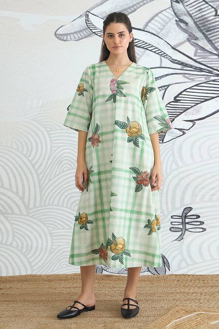 Shop Shivani Bhargava Green Cotton V-neck Check Long Dress Shop_Shivani Bhargava_Green Cotton V-neck Check Long Dress