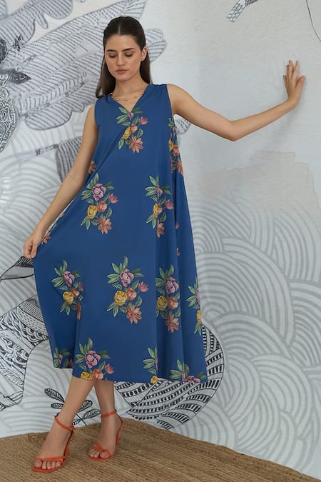 Buy_Shivani Bhargava_Blue Cotton V-neck Digital Print Long Dress _Online_at_Aza_Fashions