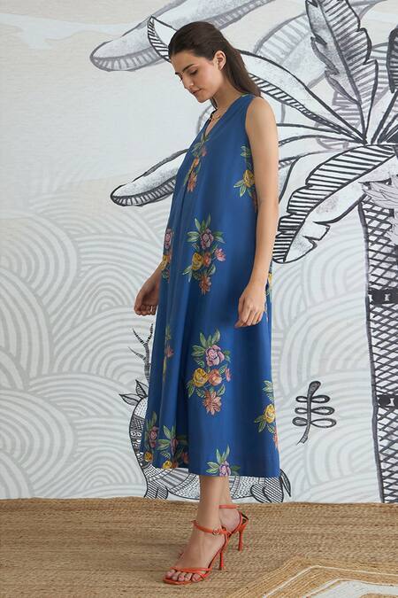 Shop_Shivani Bhargava_Blue Cotton V-neck Digital Print Long Dress _Online_at_Aza_Fashions