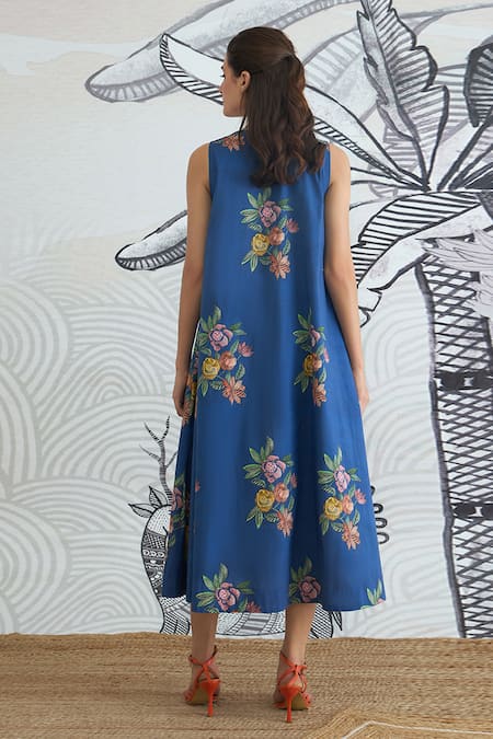 Shop_Shivani Bhargava_Blue Cotton V-neck Digital Print Long Dress _at_Aza_Fashions