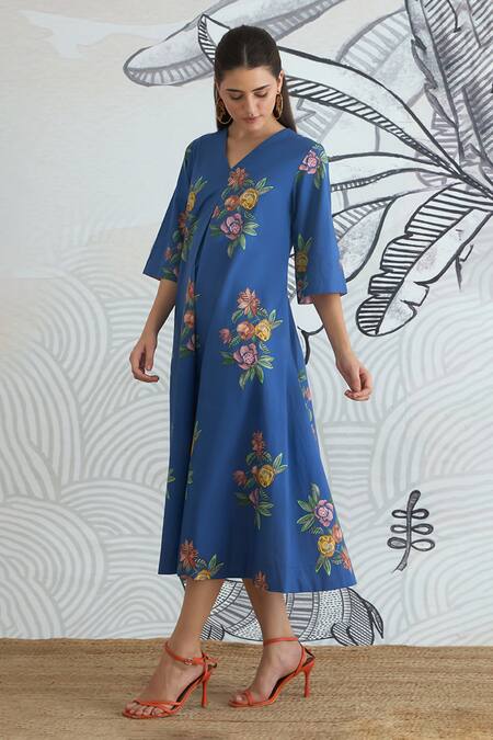 Buy_Shivani Bhargava_Blue Cotton V-neck Digital Print Long Dress _Online_at_Aza_Fashions