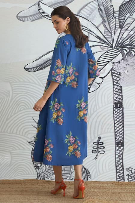 Shop_Shivani Bhargava_Blue Cotton V-neck Digital Print Long Dress _at_Aza_Fashions