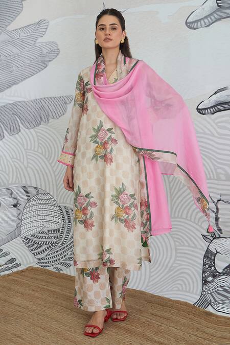 Shop_Shivani Bhargava_Beige Chanderi, Cotton V-neck Check Flower Kurta Set _Online_at_Aza_Fashions
