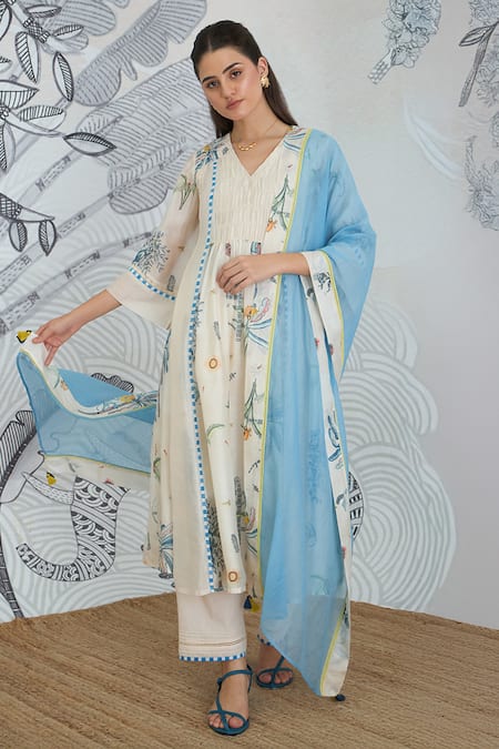 Shivani Bhargava Ivory Chanderi, Cotton V-neck Jungle Digital Print Anarkali Set