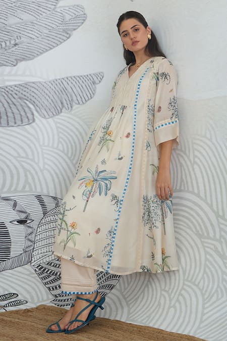 Shop_Shivani Bhargava_Ivory Chanderi V-neck Digital Print Jungle Anarkali _at_Aza_Fashions