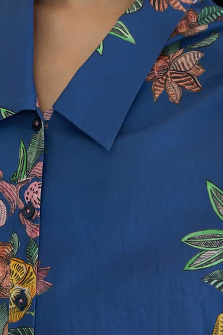 Shivani Bhargava Blue Cotton Collared Flower Big Shirt And Pant Set Online at Aza Fashions Shivani Bhargava_Blue Cotton Collared Flower Big Shirt And Pant Set _Online_at_Aza_Fashions