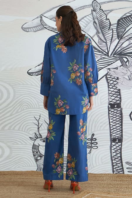 Shop Shivani Bhargava Blue Cotton Collared Flower Big Shirt And Pant Set at Aza Fashions Shop_Shivani Bhargava_Blue Cotton Collared Flower Big Shirt And Pant Set _at_Aza_Fashions