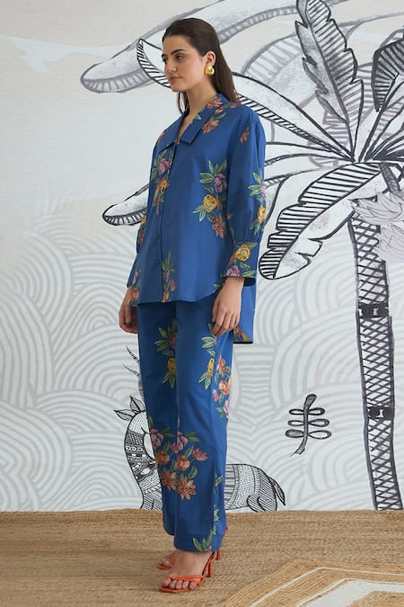 Shop Shivani Bhargava Blue Cotton Collared Flower Big Shirt And Pant Set Online at Aza Fashions Shop_Shivani Bhargava_Blue Cotton Collared Flower Big Shirt And Pant Set _Online_at_Aza_Fashions