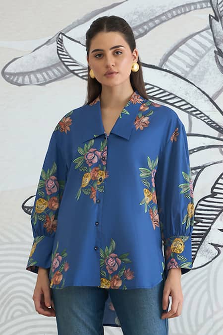 Shivani Bhargava Blue Cotton Collared Big Digital Print Shirt