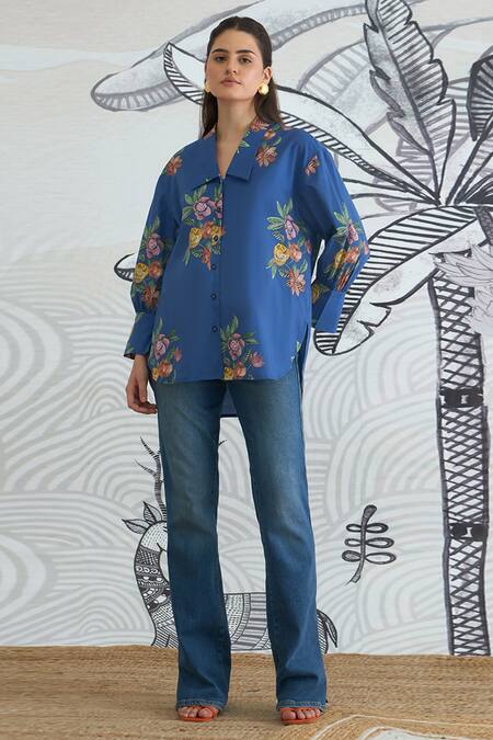 Buy Shivani Bhargava Blue Cotton Collared Big Digital Print Shirt Online at Aza Fashions Buy_Shivani Bhargava_Blue Cotton Collared Big Digital Print Shirt _Online_at_Aza_Fashions