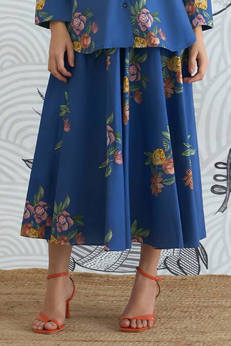 Buy Shivani Bhargava Blue Cotton Collared Floral Digital Print Shirt And Skirt Set Online at Aza Fashions Buy_Shivani Bhargava_Blue Cotton Collared Floral Digital Print Shirt And Skirt Set _Online_at_Aza_Fashions