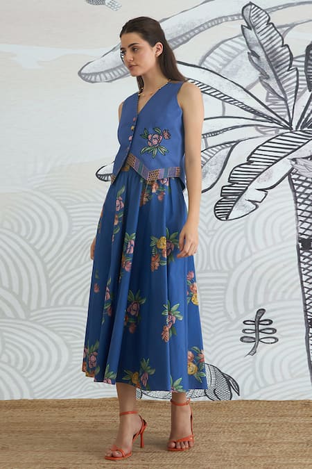 Shop_Shivani Bhargava_Blue Cotton Embroidery V-neck Waistcoat And Flower Skirt _Online_at_Aza_Fashions