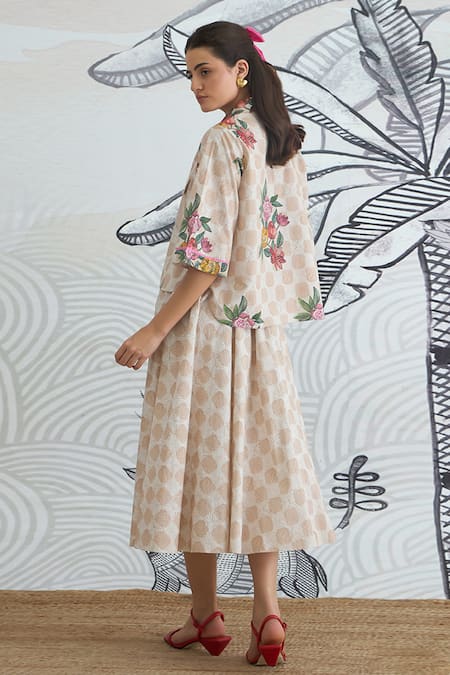 Shivani Bhargava Beige Check Flower Crop Shirt & Skirt 