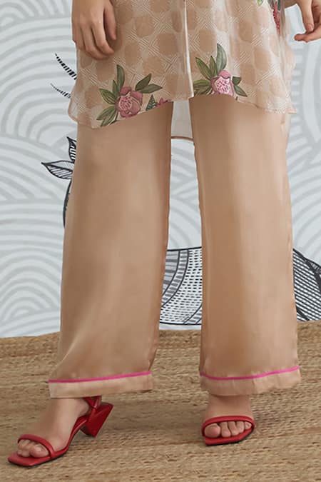 Shivani Bhargava_Beige Organza, Satin Collared Check Flower Kimono Tunic And Pants _Online_at_Aza_Fashions