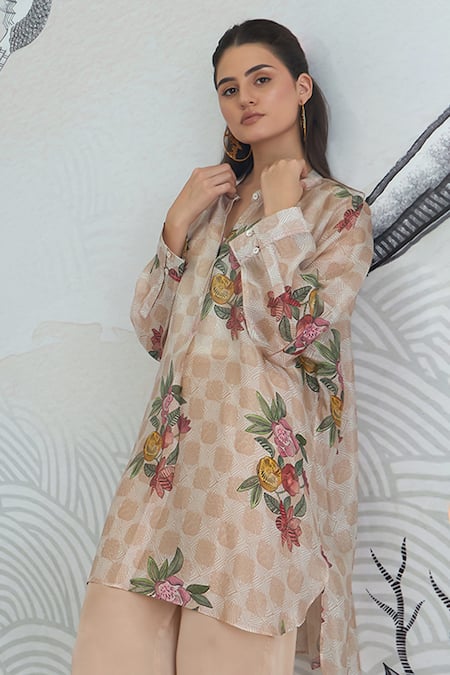 Buy_Shivani Bhargava_Beige Organza, Satin Collared Check Flower Kimono Tunic And Pants _Online_at_Aza_Fashions