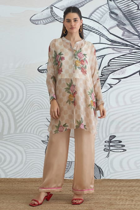 Shivani Bhargava Beige Silk Organza Collared Check Flower Tunic Online at Aza Fashions Shivani Bhargava_Beige Silk Organza Collared Check Flower Tunic _Online_at_Aza_Fashions