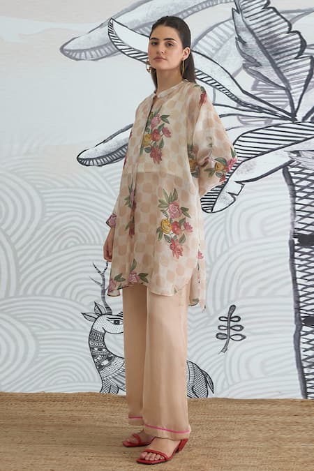 Shop Shivani Bhargava Beige Silk Organza Collared Check Flower Tunic Online at Aza Fashions Shop_Shivani Bhargava_Beige Silk Organza Collared Check Flower Tunic _Online_at_Aza_Fashions