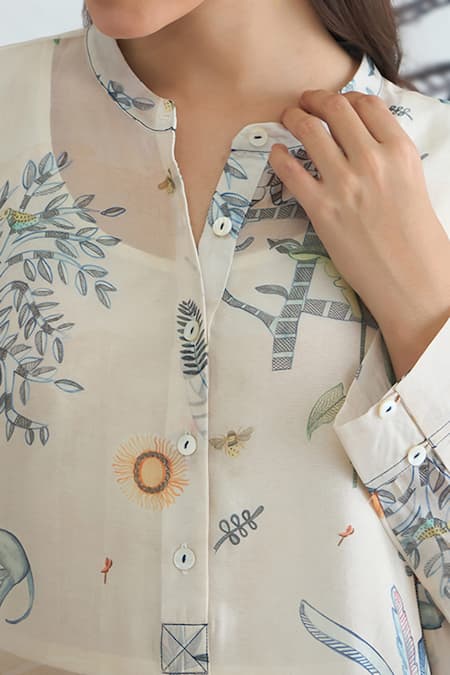 Shivani Bhargava Ivory Organza, Satin Jungle Kimono Tunic With Blue Piping Pants Online at Aza Fashions Shivani Bhargava_Ivory Organza, Satin Jungle Kimono Tunic With Blue Piping Pants _Online_at_Aza_Fashions