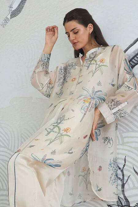 Buy Shivani Bhargava Ivory Organza, Satin Jungle Kimono Tunic With Blue Piping Pants Online at Aza Fashions Buy_Shivani Bhargava_Ivory Organza, Satin Jungle Kimono Tunic With Blue Piping Pants _Online_at_Aza_Fashions