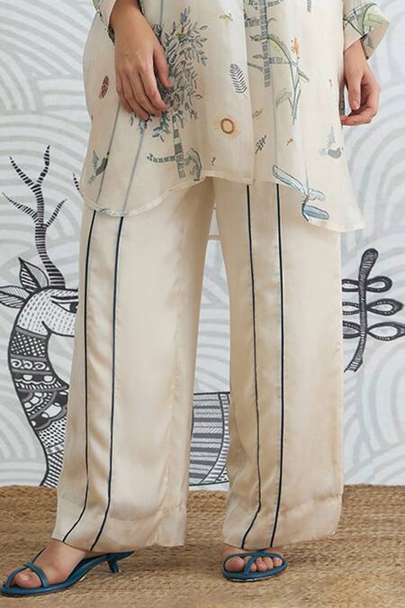 Shop Shivani Bhargava Ivory Organza, Satin Jungle Kimono Tunic With Blue Piping Pants Online at Aza Fashions Shop_Shivani Bhargava_Ivory Organza, Satin Jungle Kimono Tunic With Blue Piping Pants _Online_at_Aza_Fashions