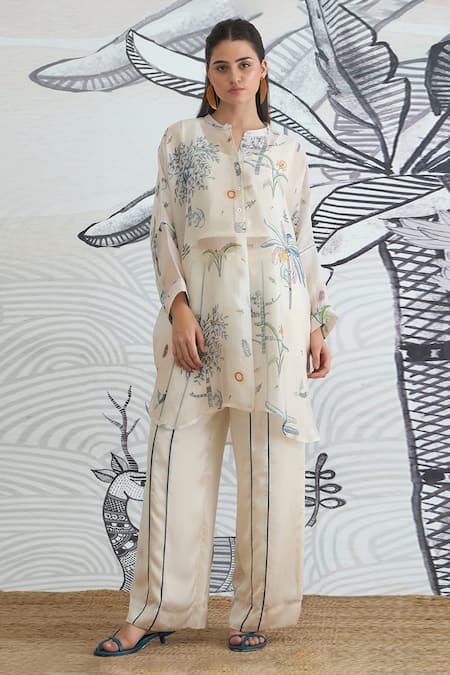 Shivani Bhargava Ivory Organza, Satin Jungle Kimono Tunic With Blue Piping Pants 