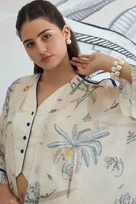 Buy_Shivani Bhargava_Cream Silk Satin Round Neck Jungle Print Cape With Waistcoat And Pants _Online_at_Aza_Fashions