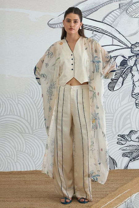 Shivani Bhargava Cream Silk Satin Round Neck Jungle Print Cape With Waistcoat And Pants