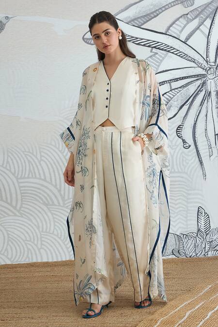 Shop_Shivani Bhargava_Cream Silk Satin Round Neck Jungle Print Cape With Waistcoat And Pants _Online_at_Aza_Fashions