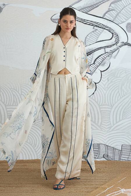Shivani Bhargava_Cream Silk Satin Round Neck Jungle Print Cape With Waistcoat And Pants _at_Aza_Fashions