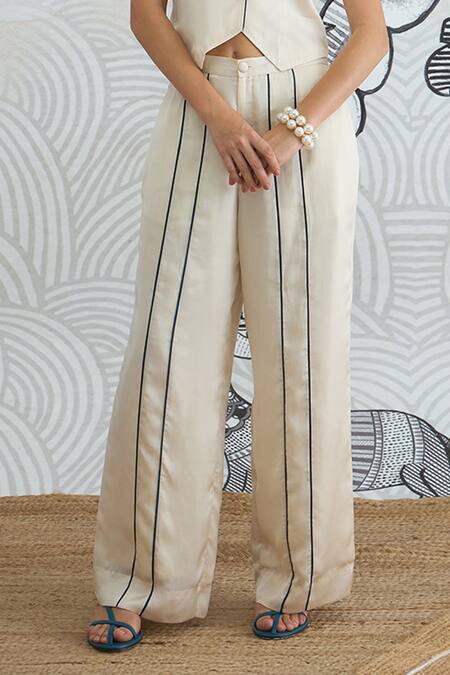 Shop_Shivani Bhargava_Cream Silk Satin Round Neck Waistcoat And Pant Set _Online_at_Aza_Fashions