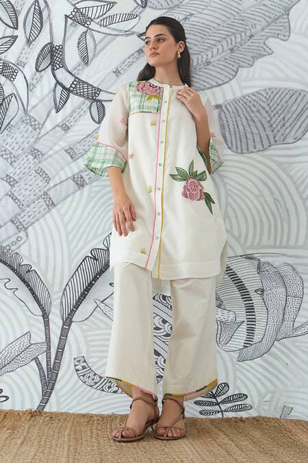 Shop_Shivani Bhargava_Ivory Chanderi, Cotton Embroidery Round Neck Green Check Tunic And Pant Set _Online_at_Aza_Fashions